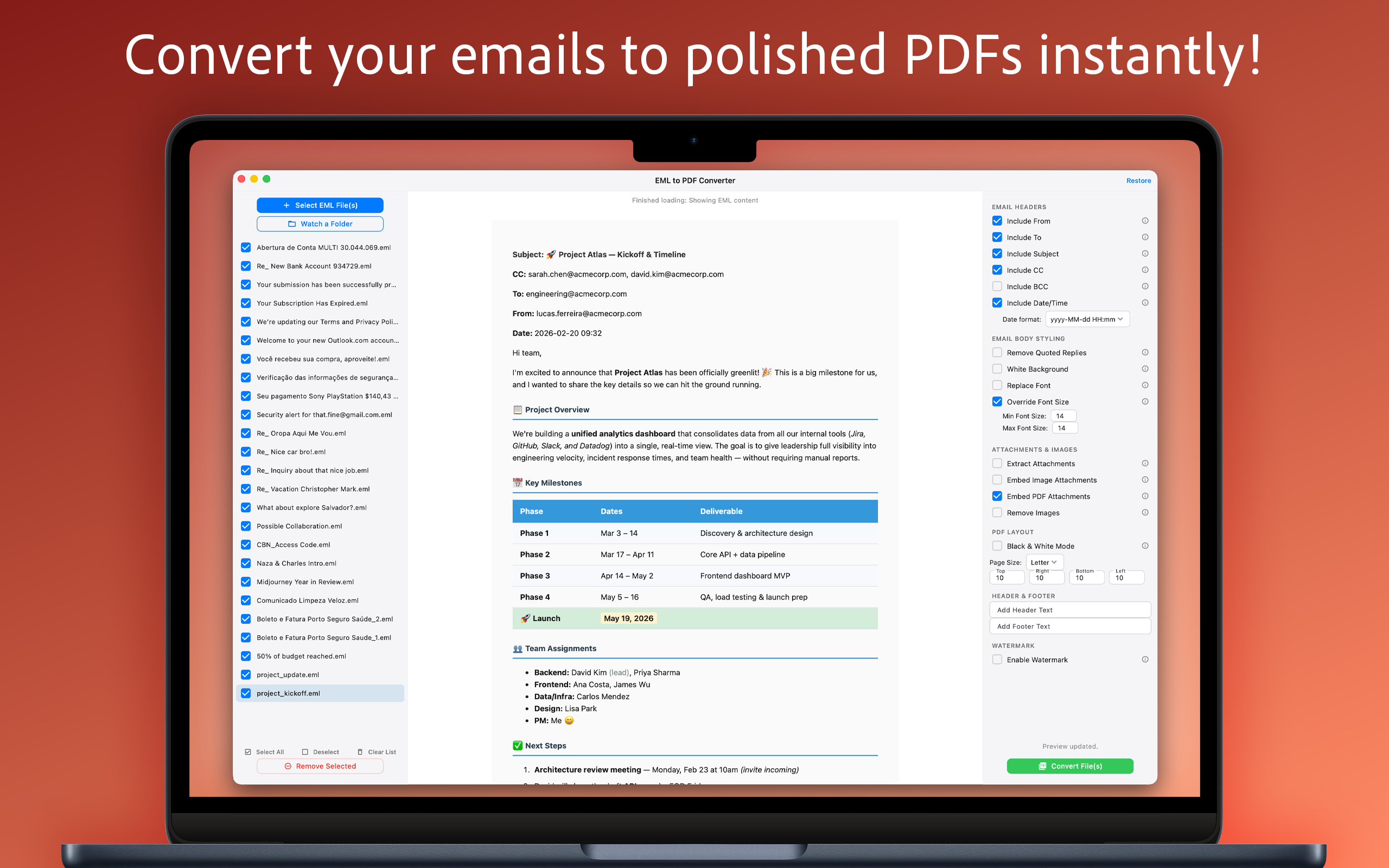 EML to PDF main interface — email selector on the left, live preview in the center, formatting controls on the right