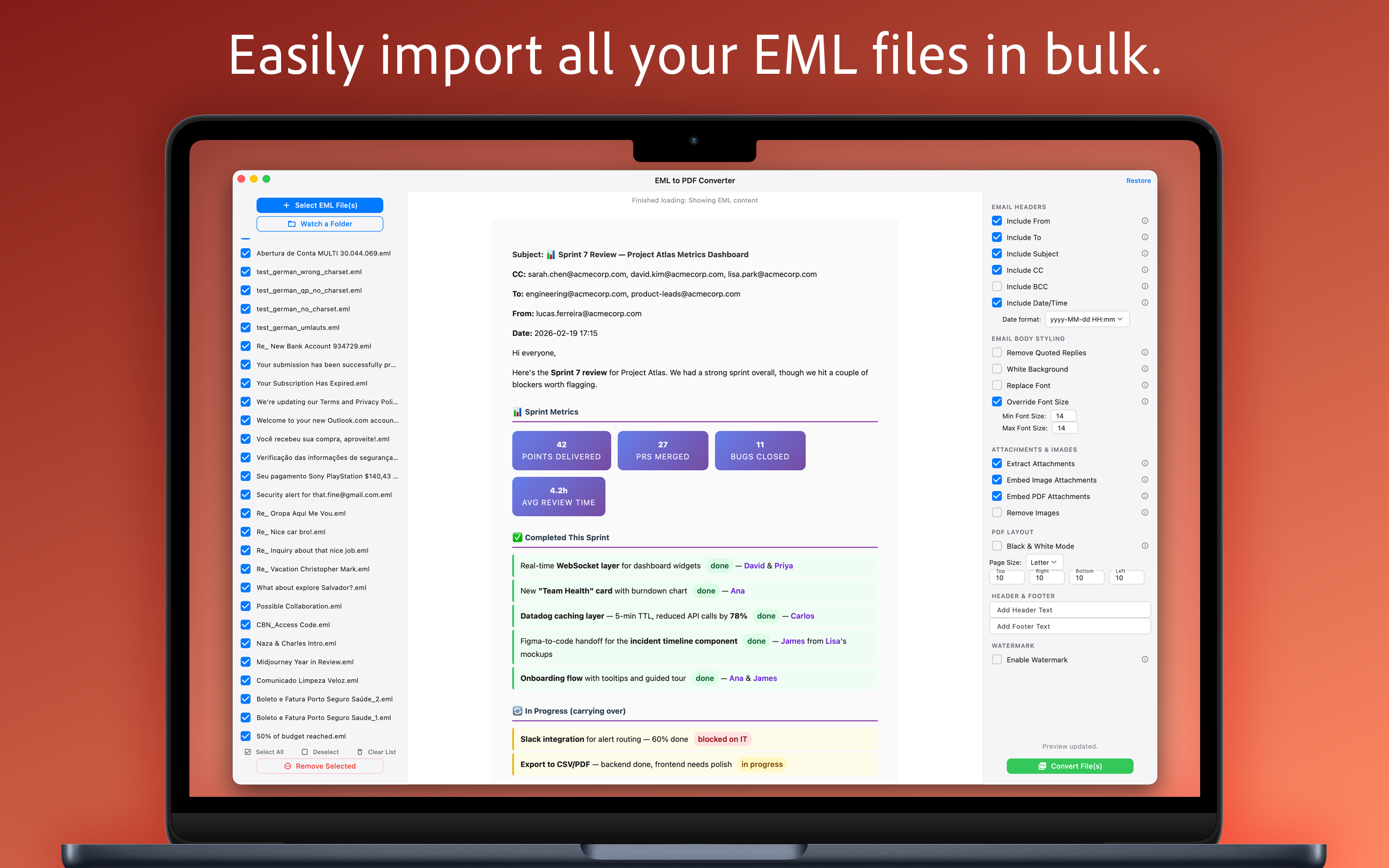 Bulk EML import with attachment options
